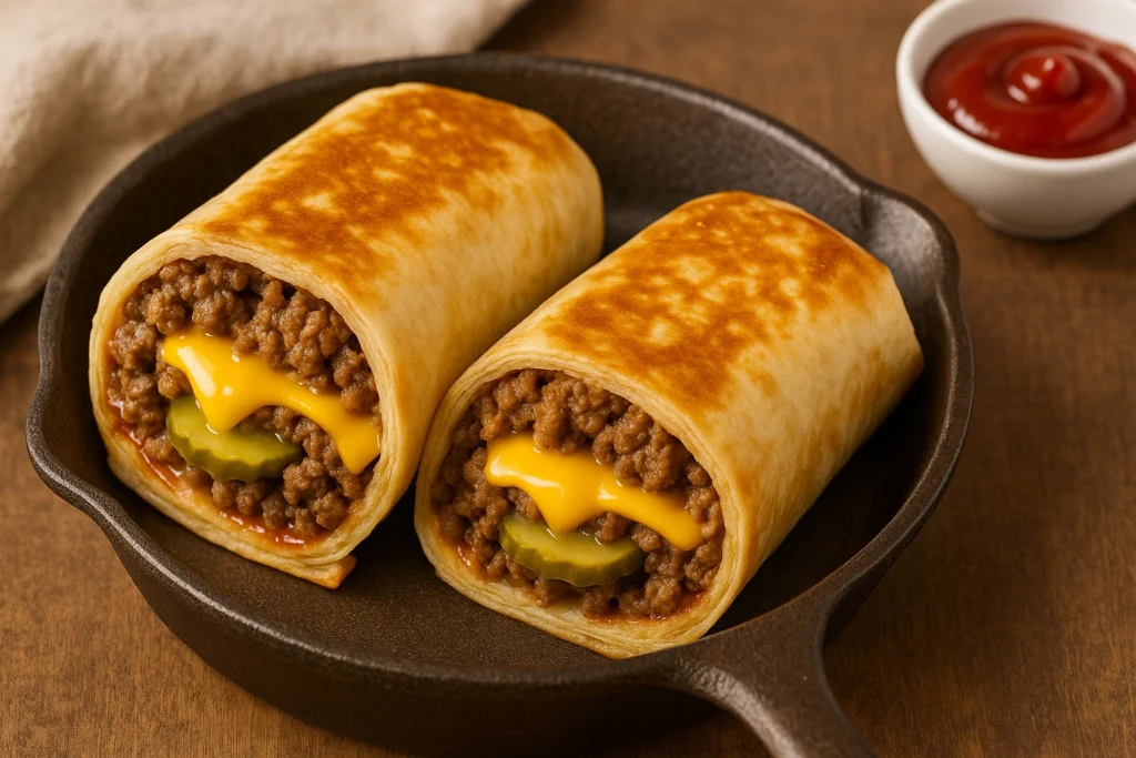 Two crispy cheeseburger wraps with melted cheese and pickles served in a rustic cast iron skillet.