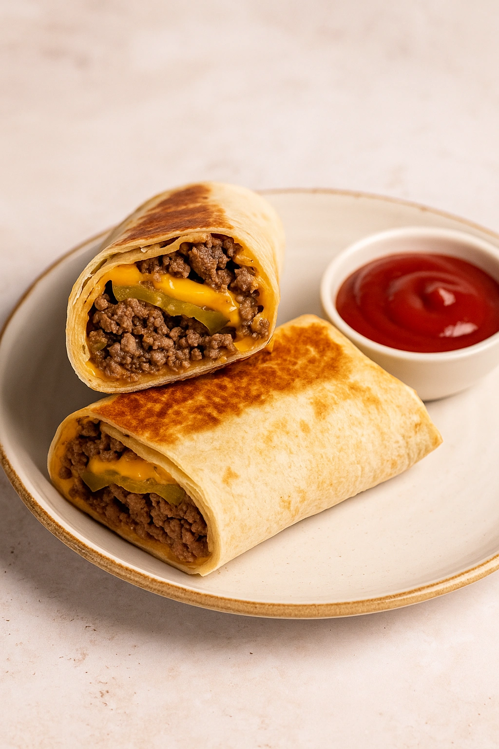 Two halved cheeseburger wraps on a rustic plate with ketchup on a light stone background.