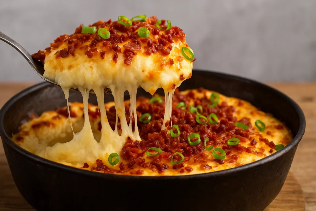 Close-up of mashed potato casserole served in a rustic black skillet, topped with crispy bacon bits, melted cheese, and green onions.