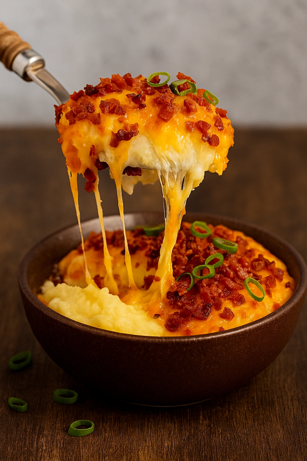 Spoonful of mashed potato casserole being lifted from a rustic brown bowl, with melted cheese, bacon crumbles, and green onions.