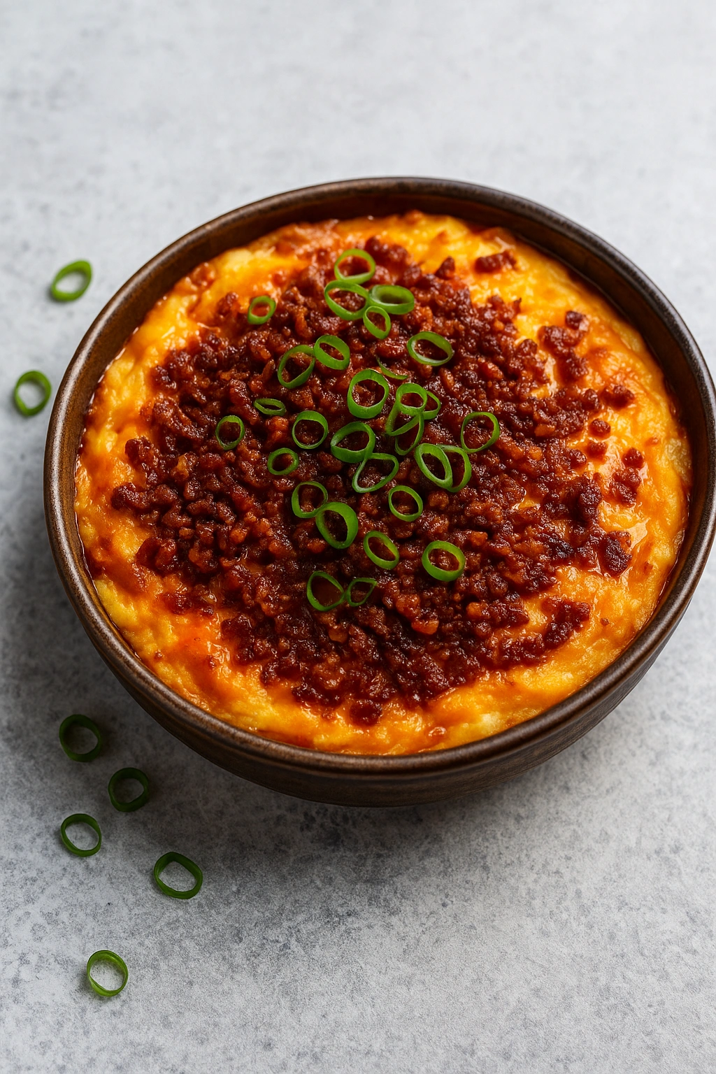 Top view of mashed potato casserole in a dark ceramic bowl, topped with crispy bacon and sliced green onions, on a gray textured surface.