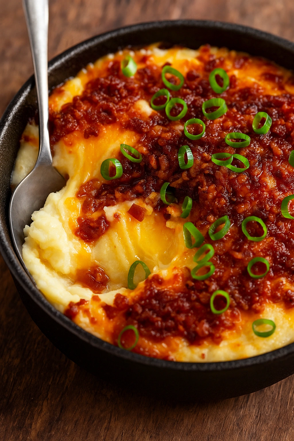 Hearty mashed potato casserole in a black skillet, topped with melted cheese, crispy bacon, and green onions on a rustic wooden table.