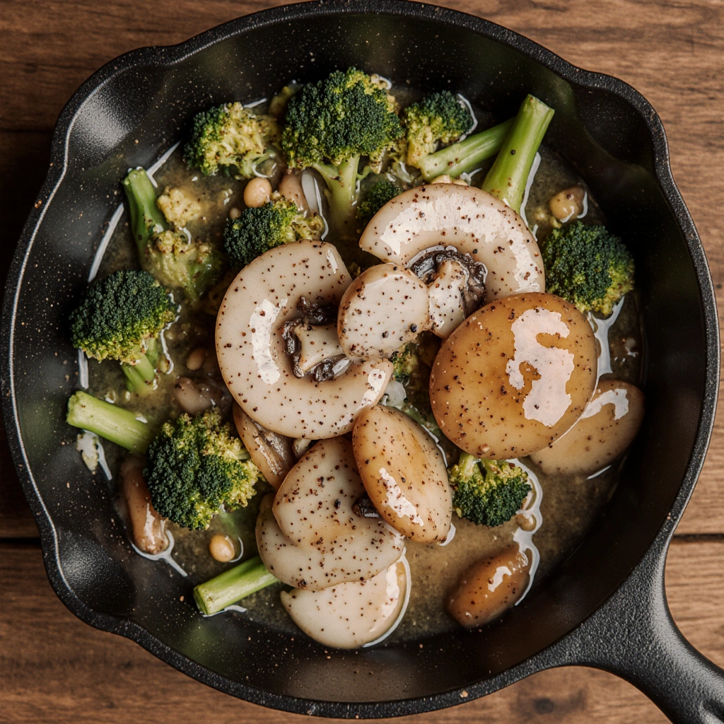 Colorful broccoli and mushroom stir-fry in a pan topped with sesame seeds and green onions