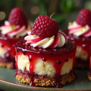 Mini lemon raspberry cheesecakes topped with fresh raspberries, piped cream, and glossy raspberry glaze on a graham cracker crust.