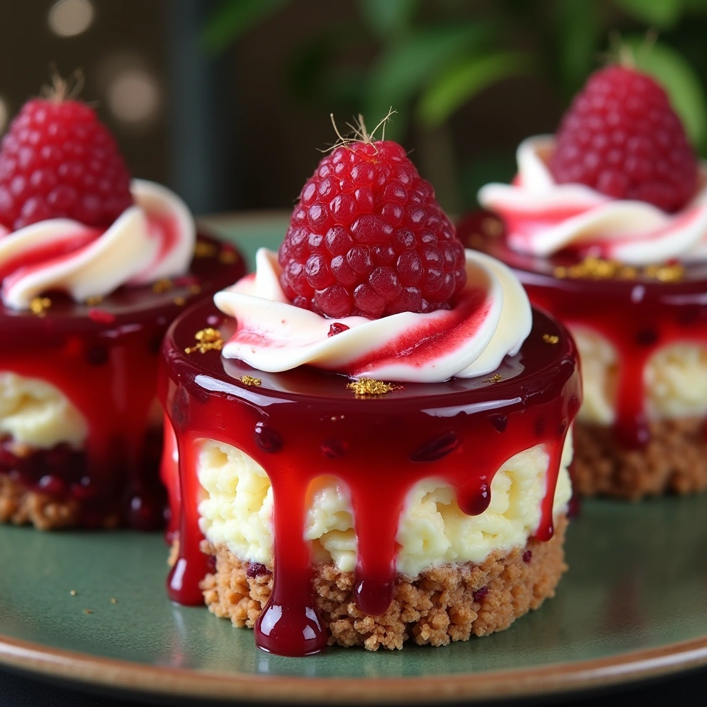 Mini lemon raspberry cheesecakes topped with fresh raspberries, piped cream, and glossy raspberry glaze on a graham cracker crust.