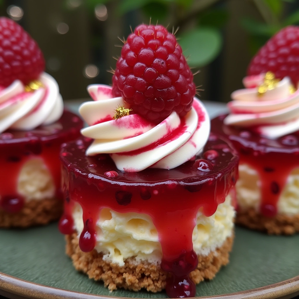 Mini lemon raspberry cheesecakes topped with fresh raspberries, piped cream, and glossy raspberry glaze on a graham cracker crust.