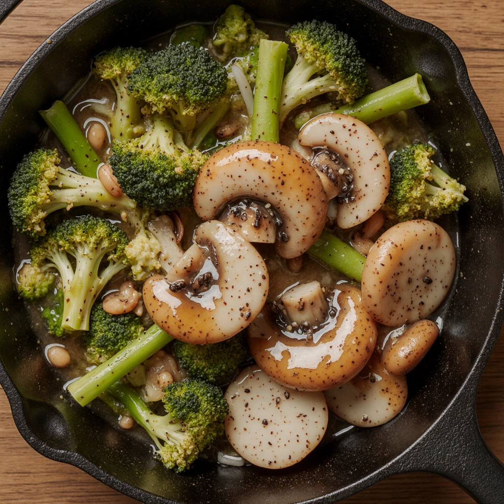 Colorful broccoli and mushroom stir-fry in a pan topped with sesame seeds and green onions