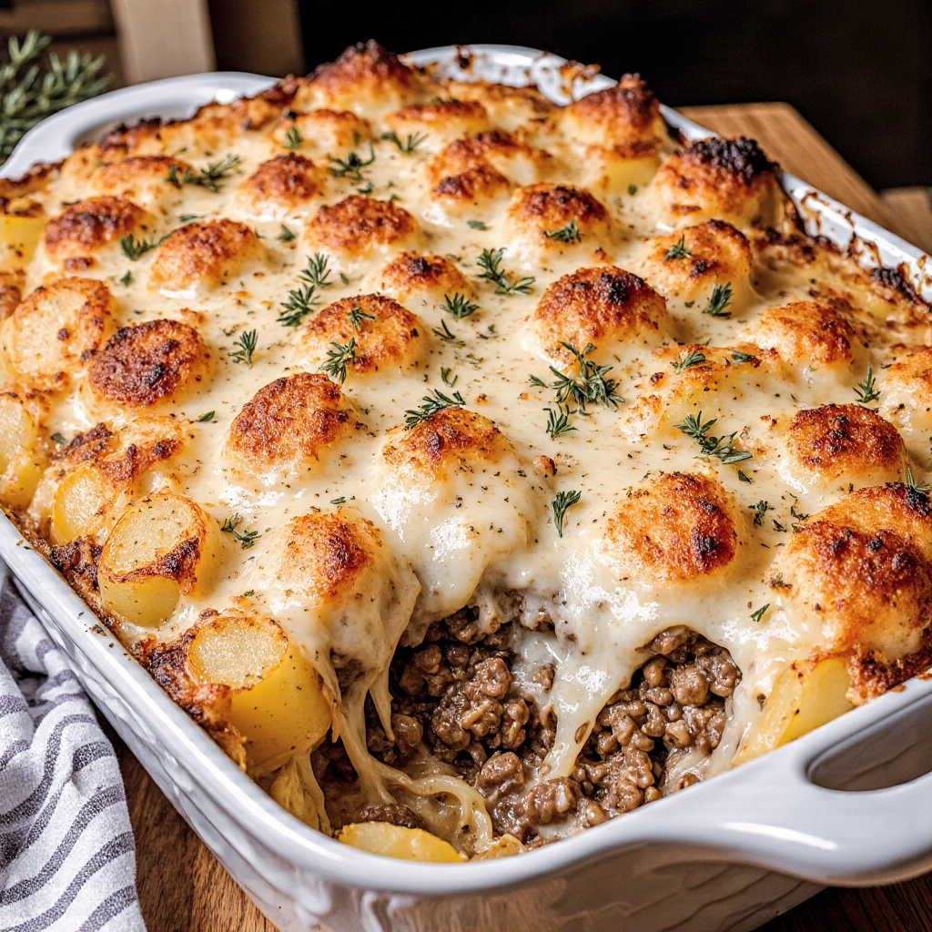 Cheesy Hamburger Potato Casserole in a white baking dish, topped with melted cheddar cheese and paprika