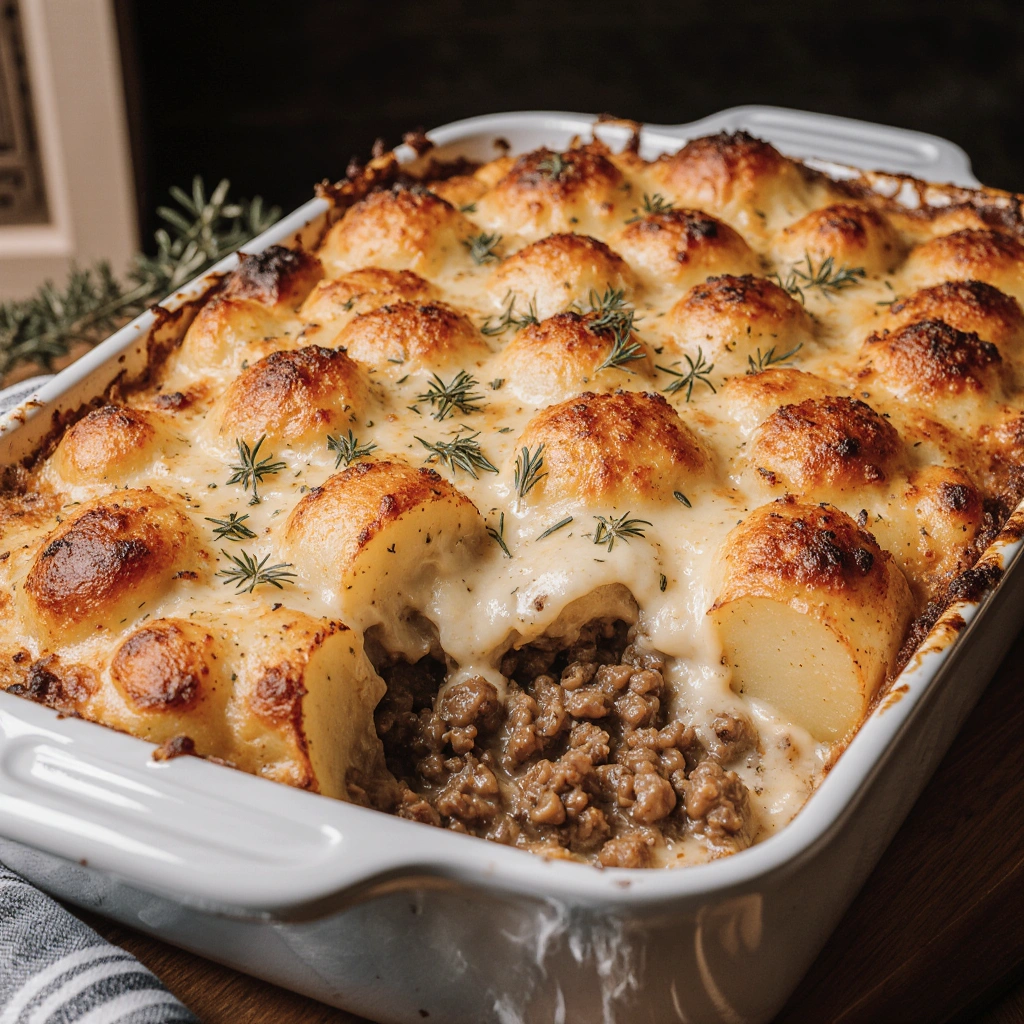 Cheesy Hamburger Potato Casserole in a white baking dish, topped with melted cheddar cheese and paprika