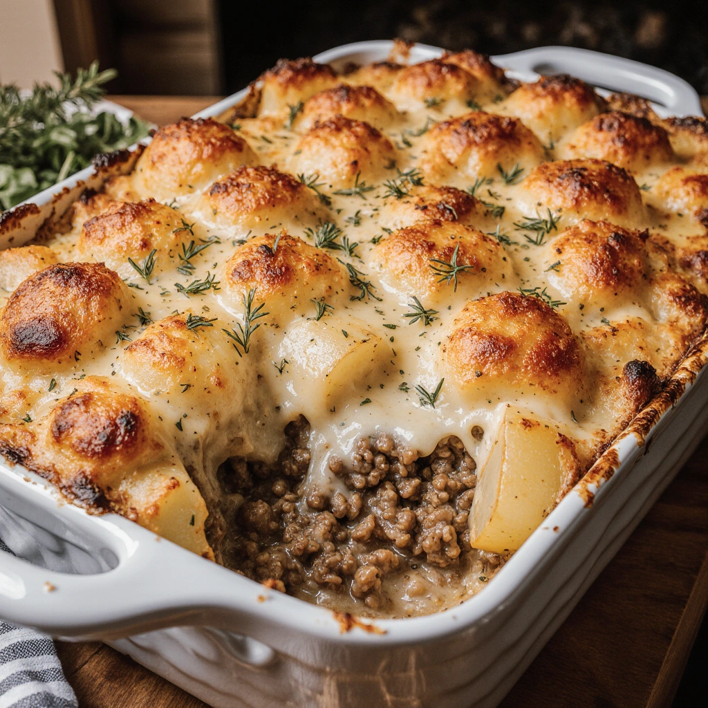 Cheesy Hamburger Potato Casserole in a white baking dish, topped with melted cheddar cheese and paprika