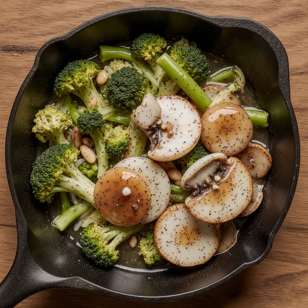 Colorful broccoli and mushroom stir-fry in a pan topped with sesame seeds and green onions