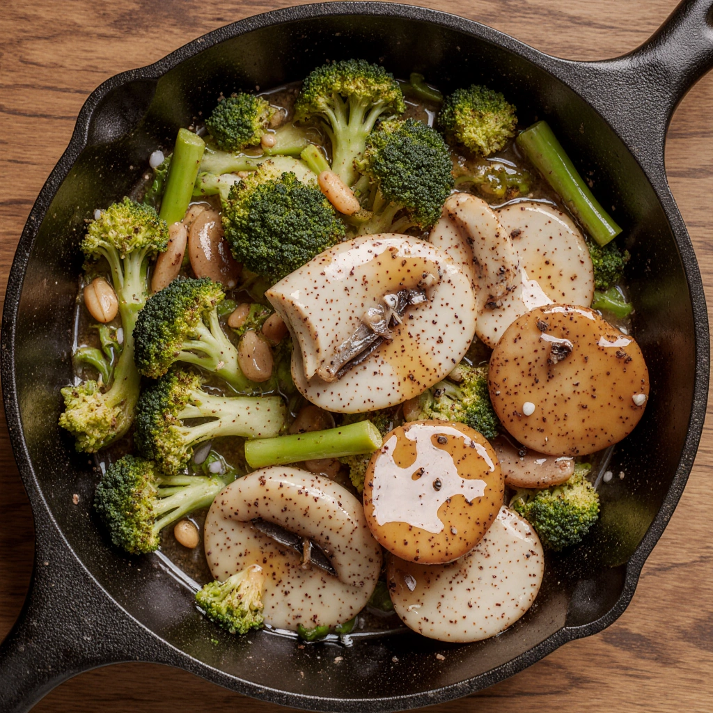 Colorful broccoli and mushroom stir-fry in a pan topped with sesame seeds and green onions